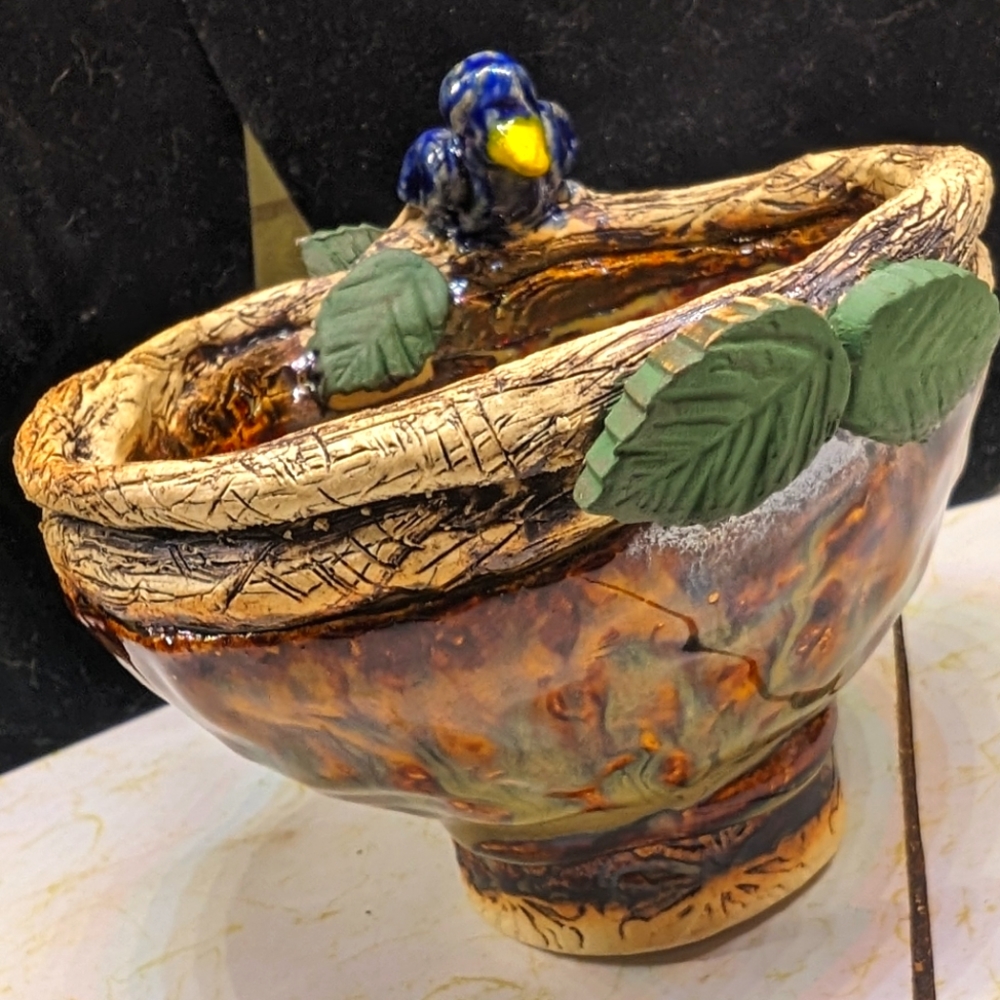 Handcrafted pottery Majolica style signed bird&nest decorative drip glaze bowl